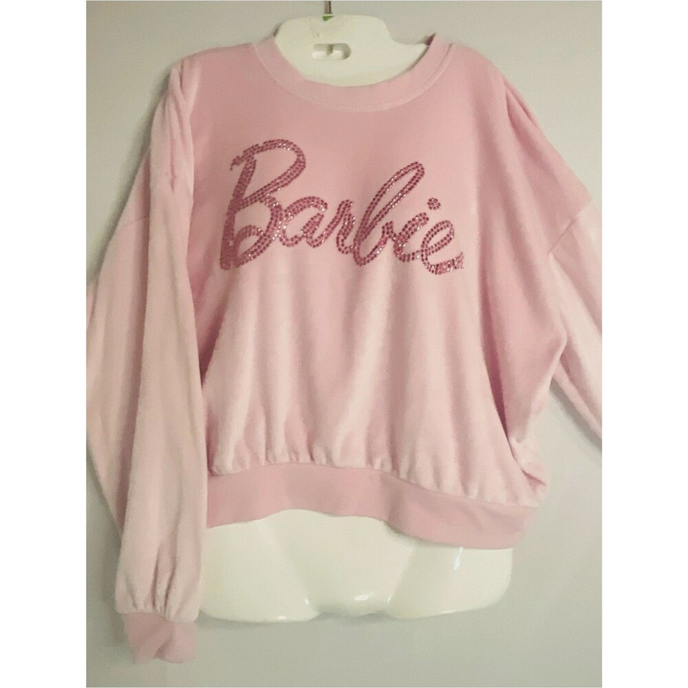 Barbie Pink Velour Cropped Sweatshirt M Rhinestone Logo Y2K Aesthetic Pullover